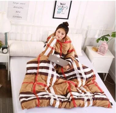 Cozy fleece blanket with sleeves in various colors, perfect for relaxing and enjoying indoor activities