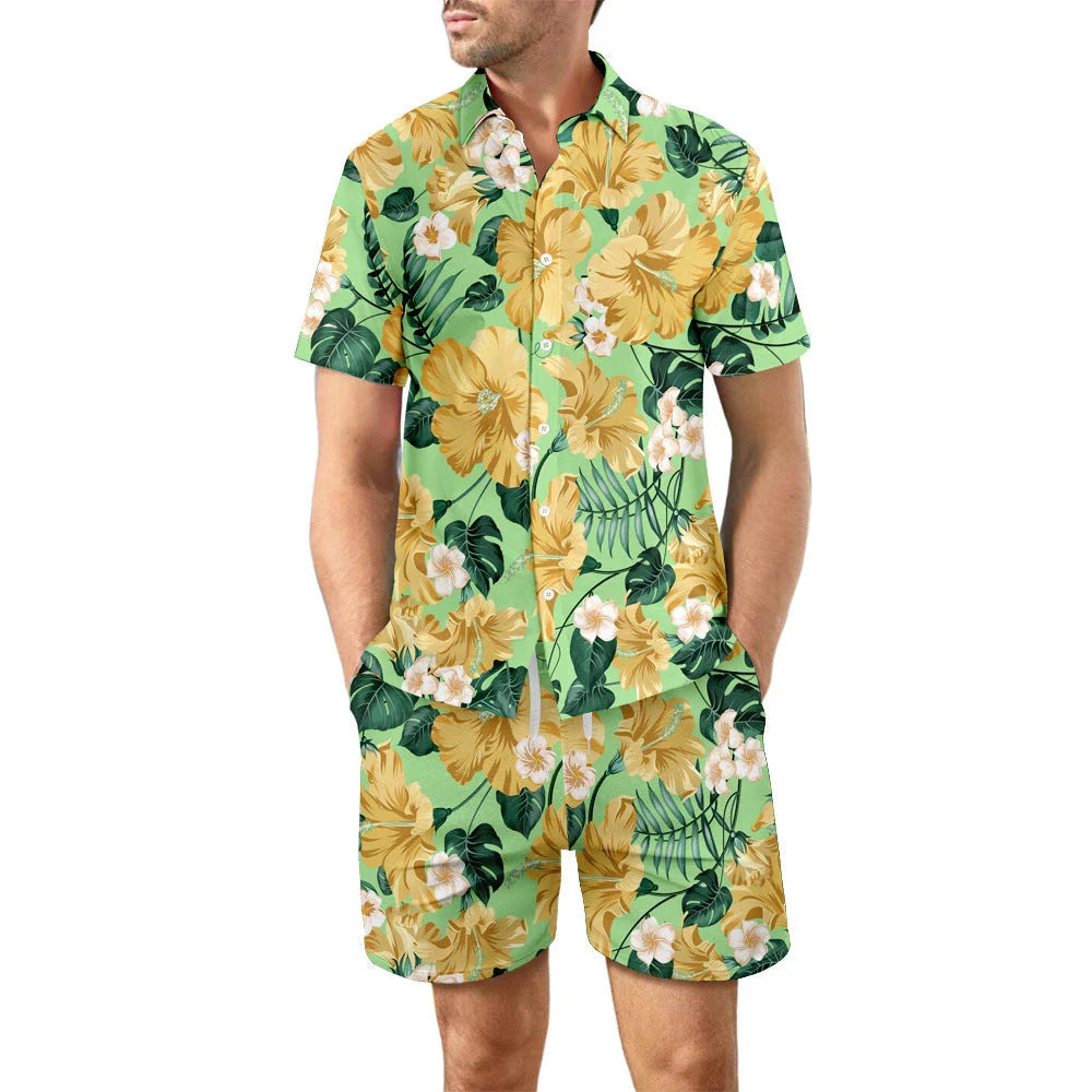 Stylish two-piece beach outfit with a relaxed button-up shirt and drawstring shorts in vibrant tropical prints