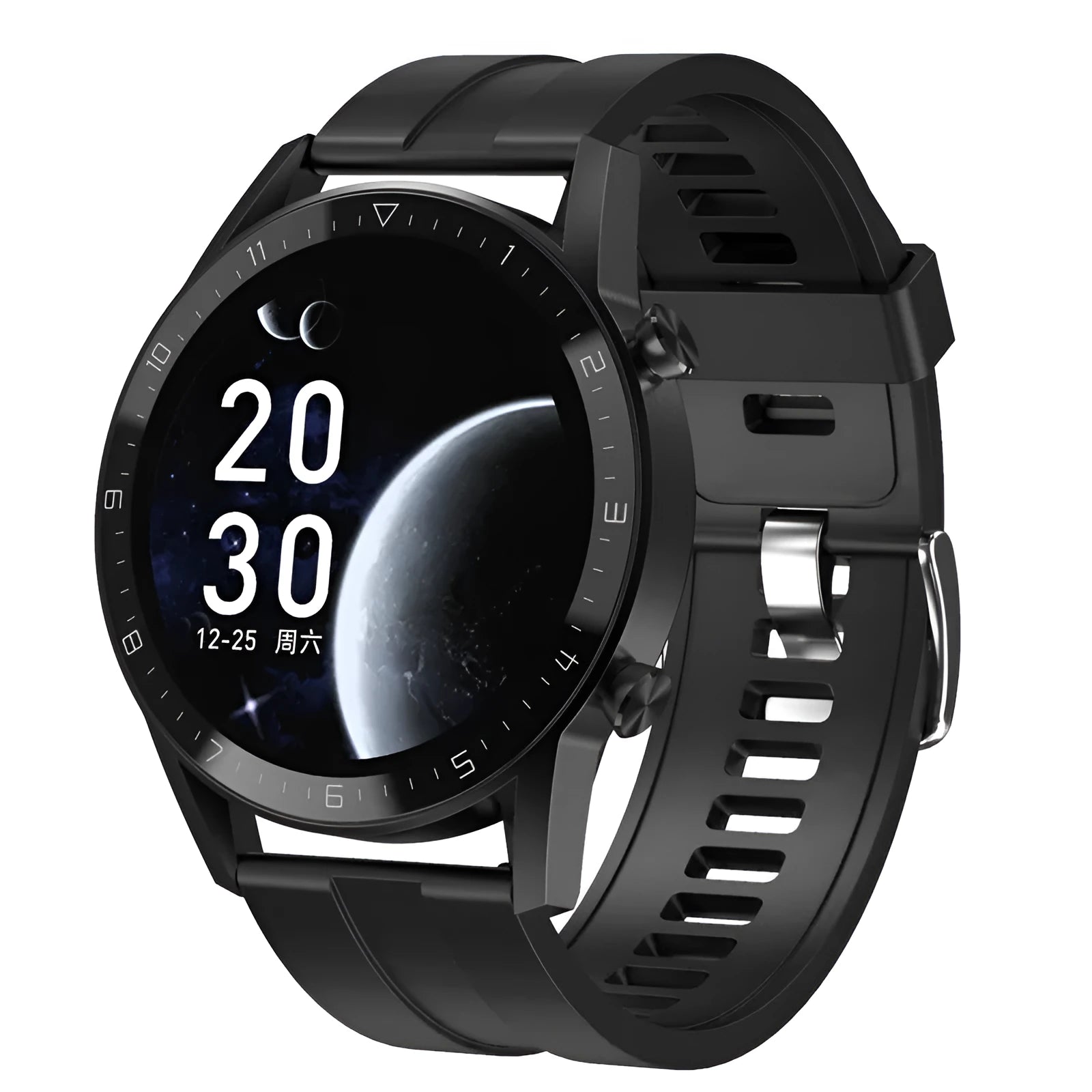 Multifunctional sports watch with 1.3-inch touchscreen on a genuine leather strap with classic buckle.