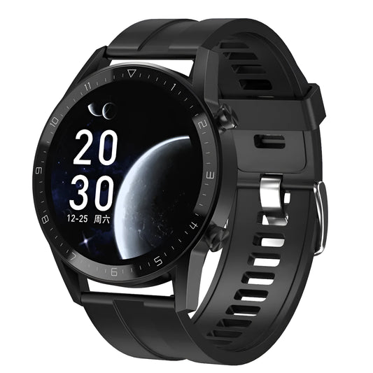 Multifunctional sports watch with 1.3-inch touchscreen on a genuine leather strap with classic buckle.