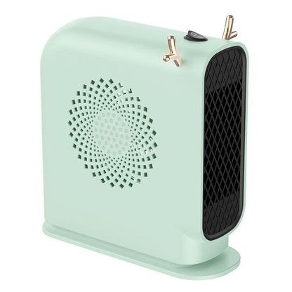 Compact desktop heater in white, green, or yellow with dual-speed control for small spaces