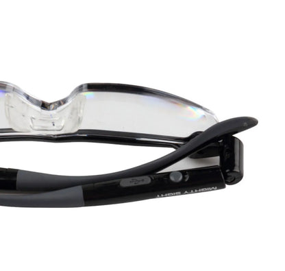 Transparent black USB LED reading glasses with integrated light on frame.