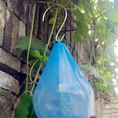 Blue water drop shaped plastic hanging hook bird feeder with bowl, cup and bucket format for garden birds.