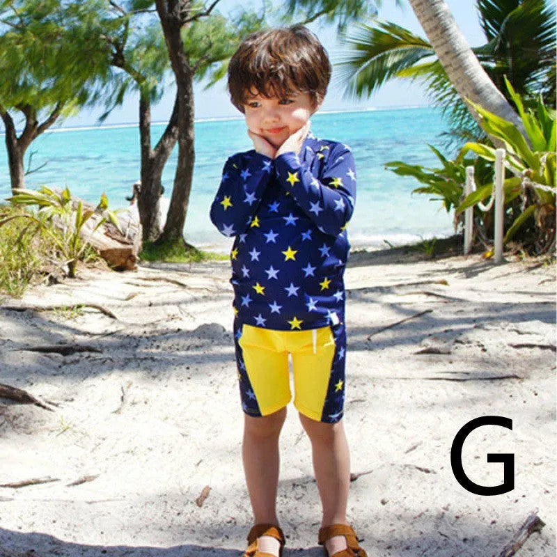 Boys' quick-dry swim trunks with vibrant prints, perfect for pool and beach