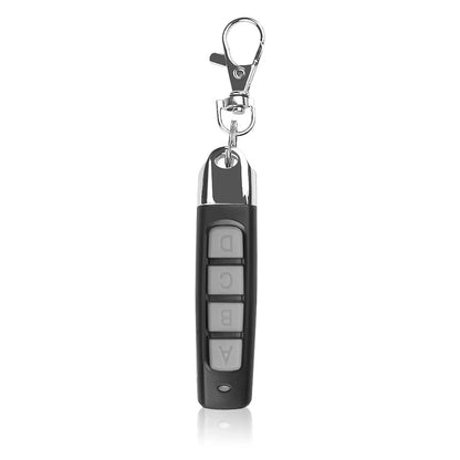Rolling door remote control transmitter with compact black housing showing dimensions and control buttons