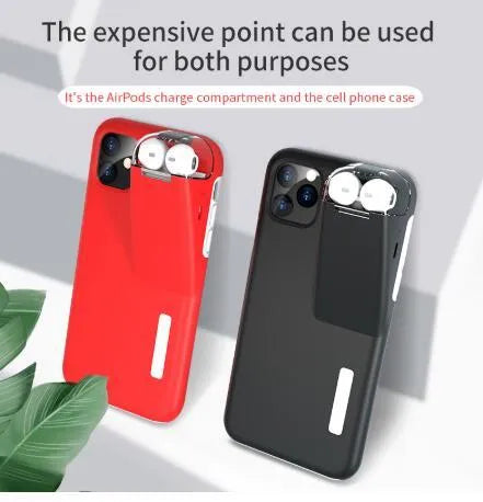 Black matte acrylic and silicone 2-in-1 case holding an iPhone and an AirPods charging case.