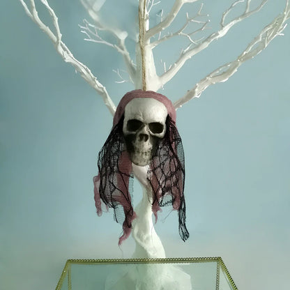 Foam Halloween skull hanging decor in purple with lace, 40 cm height for stage props