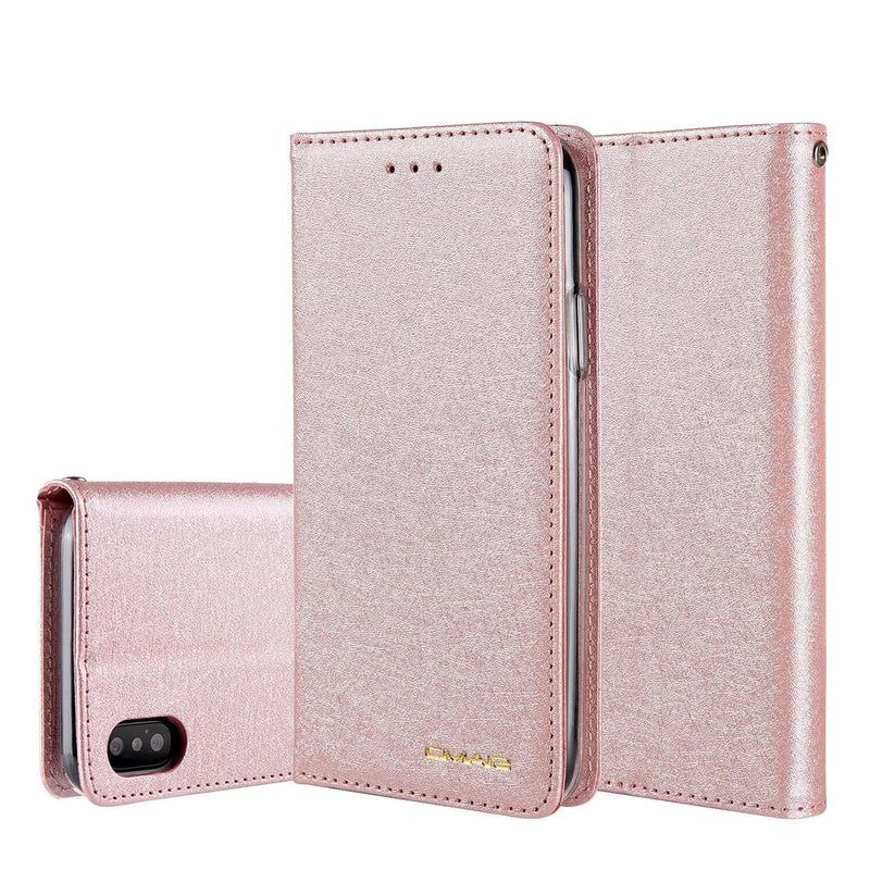 PU leather flip phone case wallet with card slots for iPhone 11, iPhone X, iPhone 8/7/6 models available in black, blue, navy blue, pale gold, pink, and rose gold colours