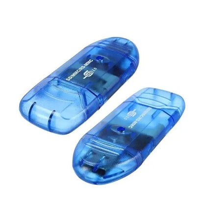 Transparent plastic USB card reader with LED light option, measuring 7.5 inches in length.
