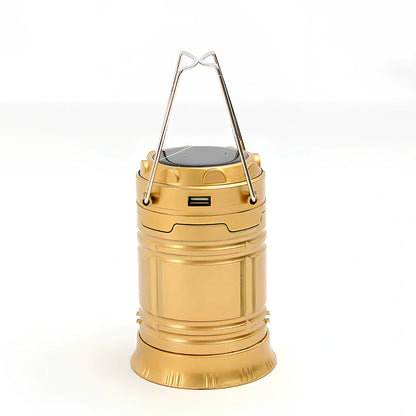Black 6 LED solar camping lantern with stainless steel hooks and stretch-top activation mechanism