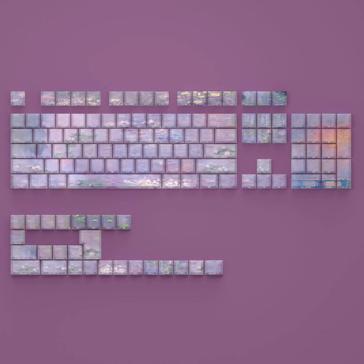 Wenshao Sleeping Lotus design PBT keycap set with side-carved translucent letters, 130 keys for mechanical keyboards.