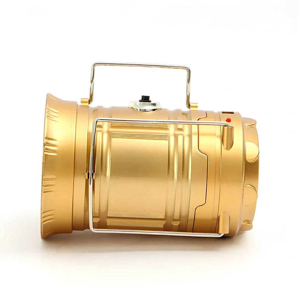 Black 6 LED solar camping lantern with stainless steel hooks and stretch-top activation mechanism