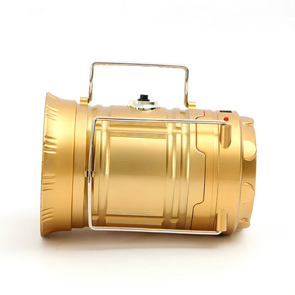 Black 6 LED solar camping lantern with stainless steel hooks and stretch-top activation mechanism