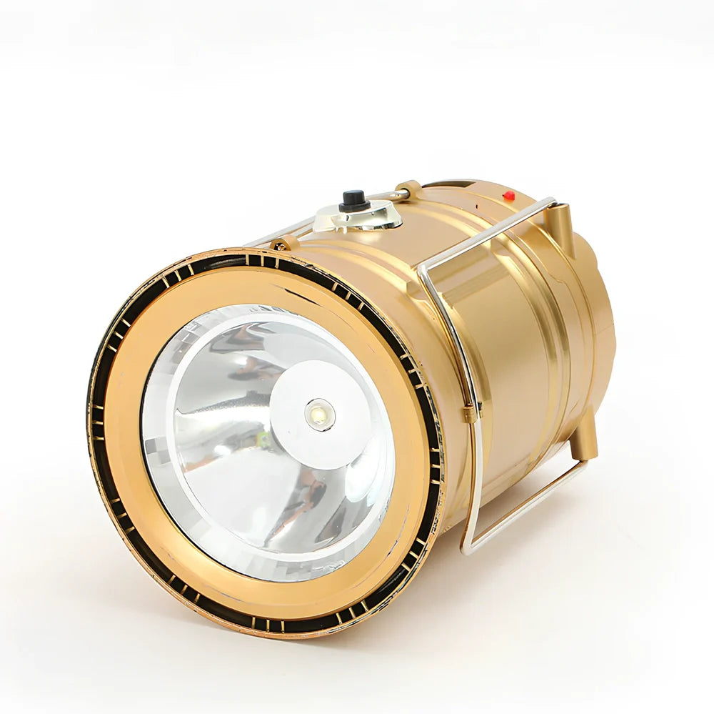 Black 6 LED solar camping lantern with stainless steel hooks and stretch-top activation mechanism