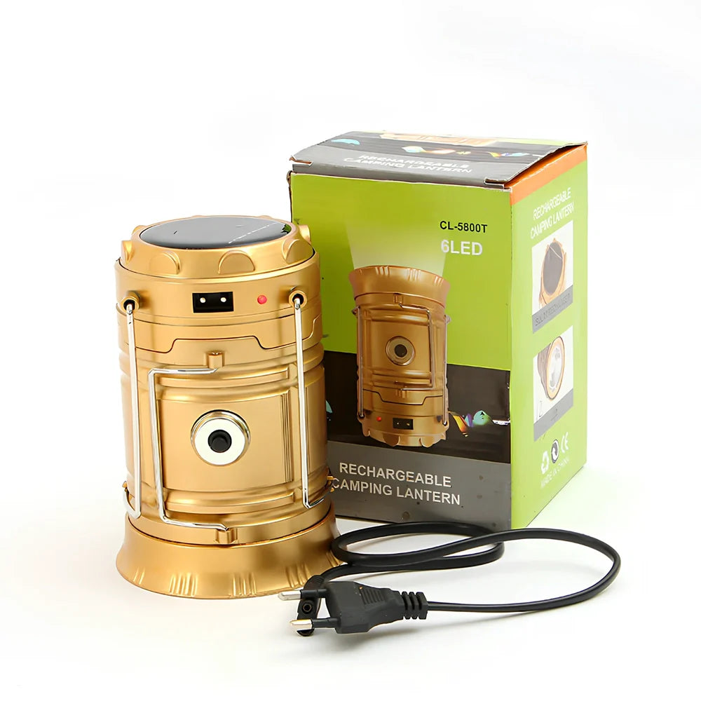 Black 6 LED solar camping lantern with stainless steel hooks and stretch-top activation mechanism