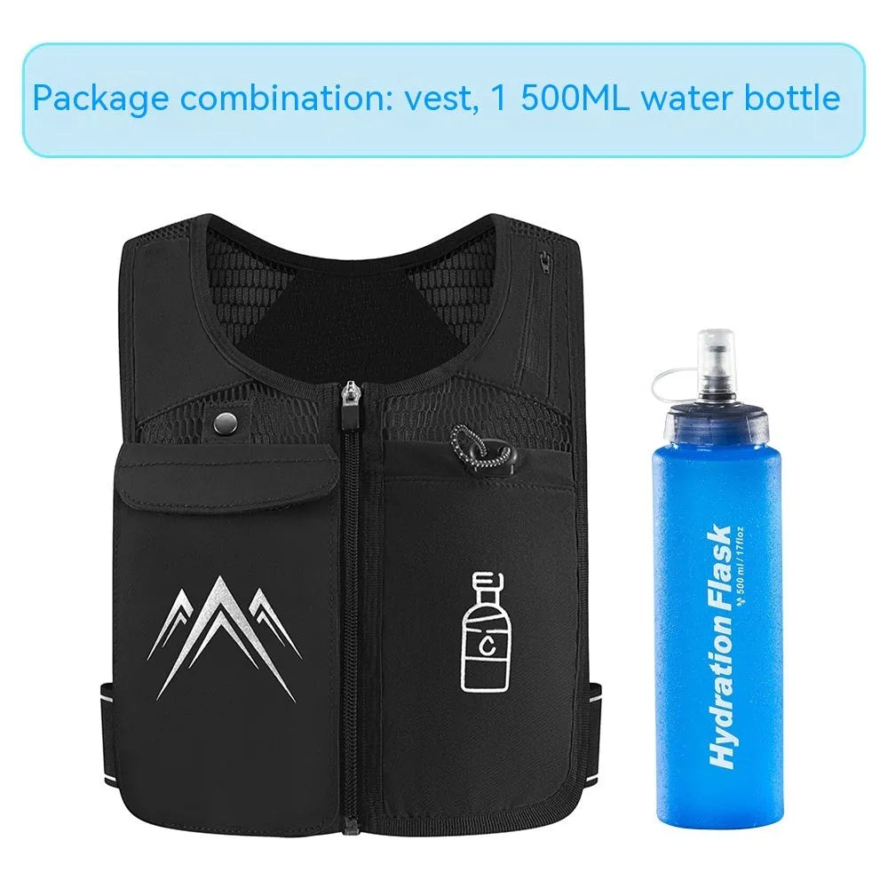 Black breathable mesh running vest with an integrated front pocket for a mobile phone.