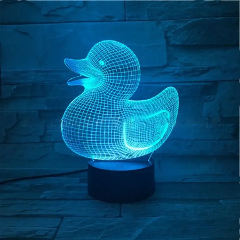 Little Yellow Duck 3D night light with remote control, showing seven colour options and dimensions of 200x150x87mm