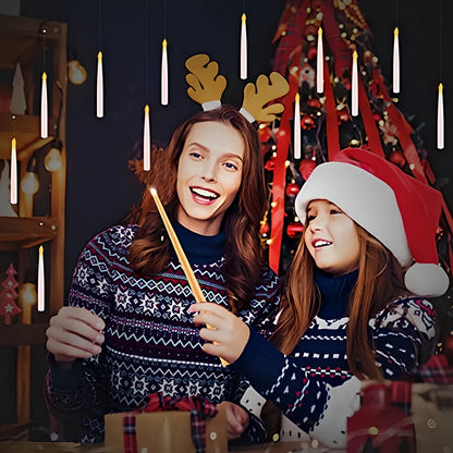 Flameless candles with magic wand remote control showing resin construction and flickering warm light effect