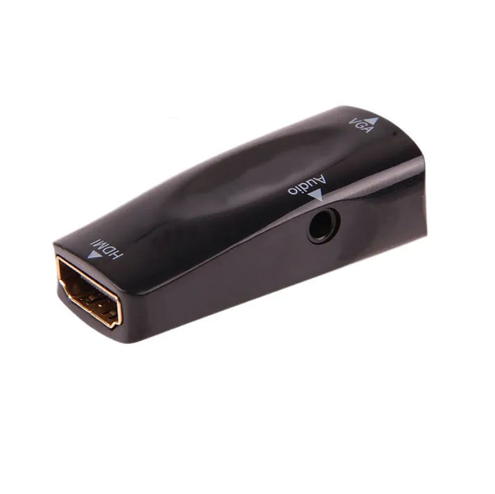Black and white HDMI to VGA adapter converter showing compact connector block.