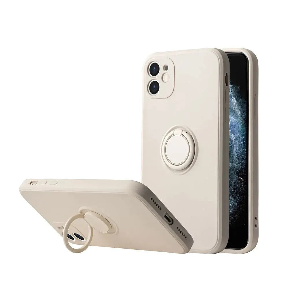 Liquid silicone case with rotating ring bracket for Apple iPhone 12 on a table, shown in green colour.
