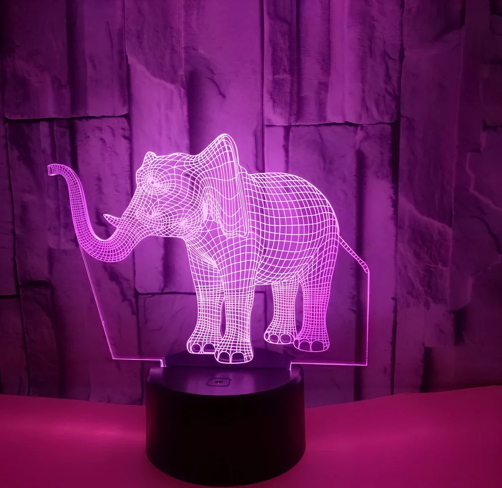 3D elephant LED table lamp with colourful illumination and touch control base measuring 87x87x42mm