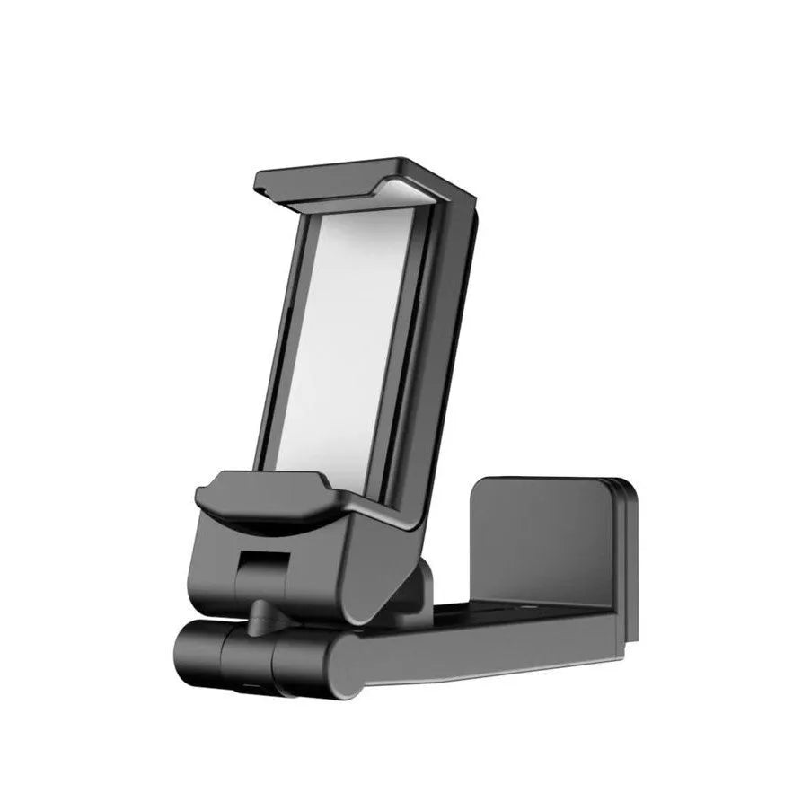 Black foldable rotating phone holder stand on a desk, showing universal phone compatibility and adjustable angles