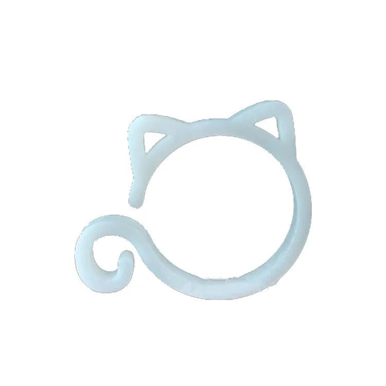 Red cat-shaped plastic gardening clip securing plant stem, showing 3cm length and decorative feline design