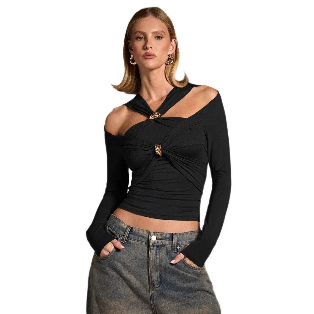 Black women's halter top with long sleeves and a 40cm short length in a slim fit.