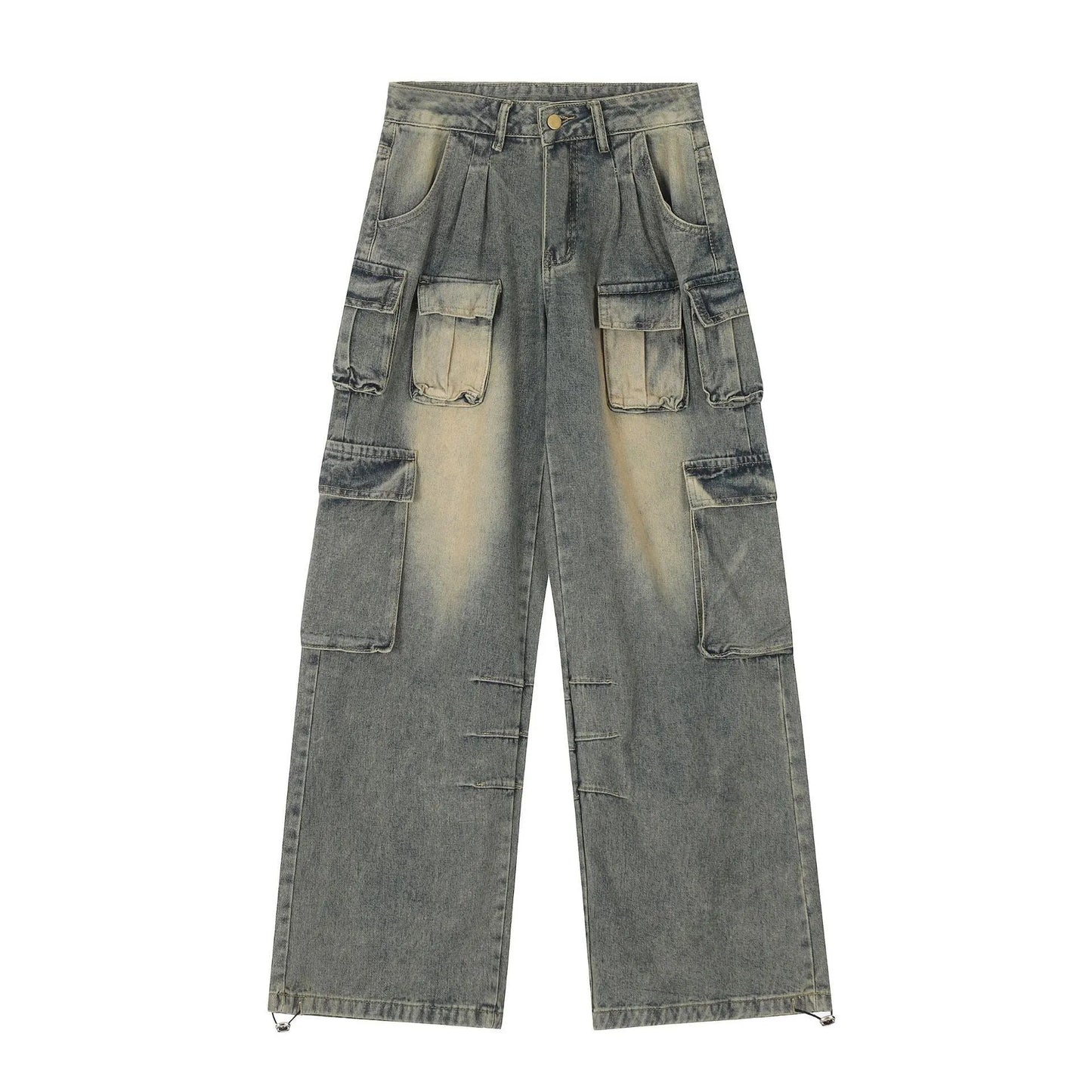 Loose multi-pocket distressed denim pants in light blue and black on a size chart.