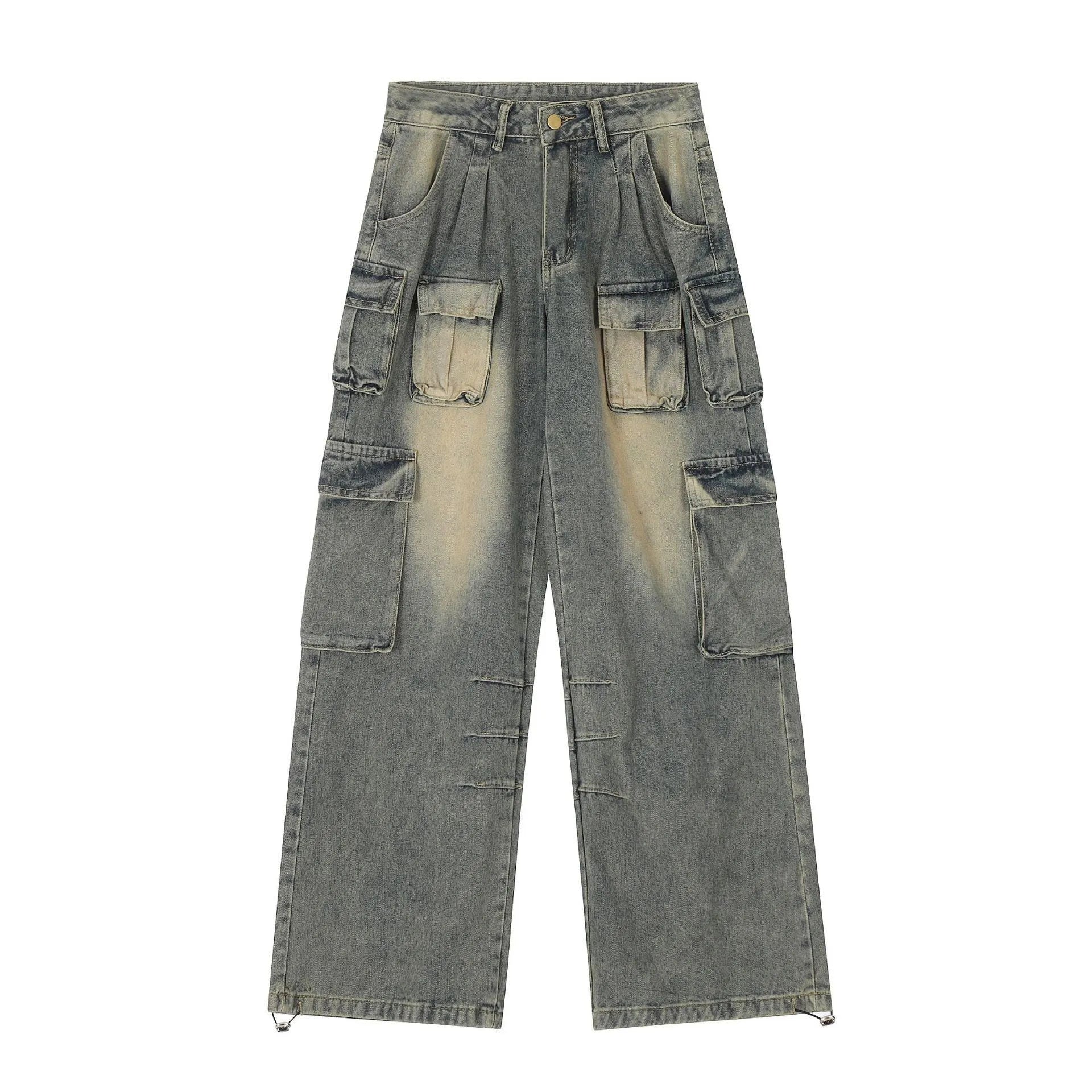 Loose multi-pocket distressed denim pants in light blue and black on a size chart.