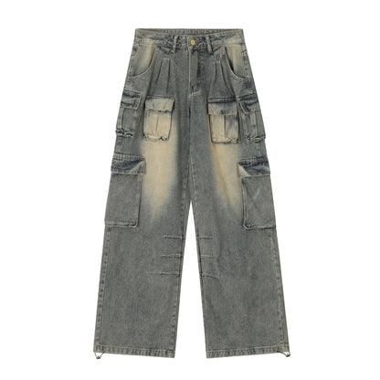 Loose multi-pocket distressed denim pants in light blue and black on a size chart.