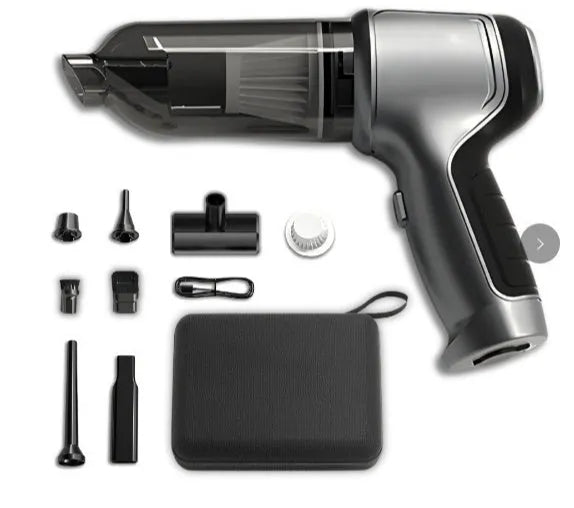 Brushless handheld and vertical car vacuum cleaner with 12000Pa suction, shown with optional EVA storage bag.