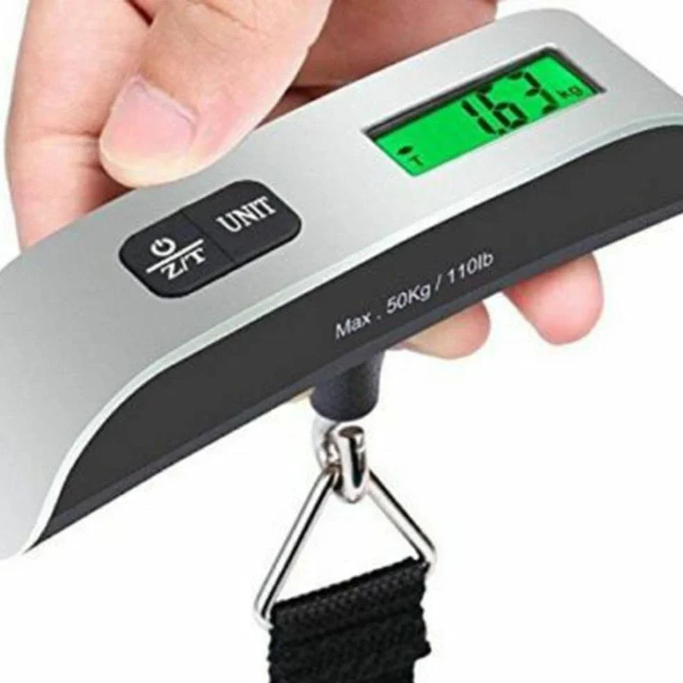 Black T-shaped electronic scales with backlit LCD display showing weight measurement