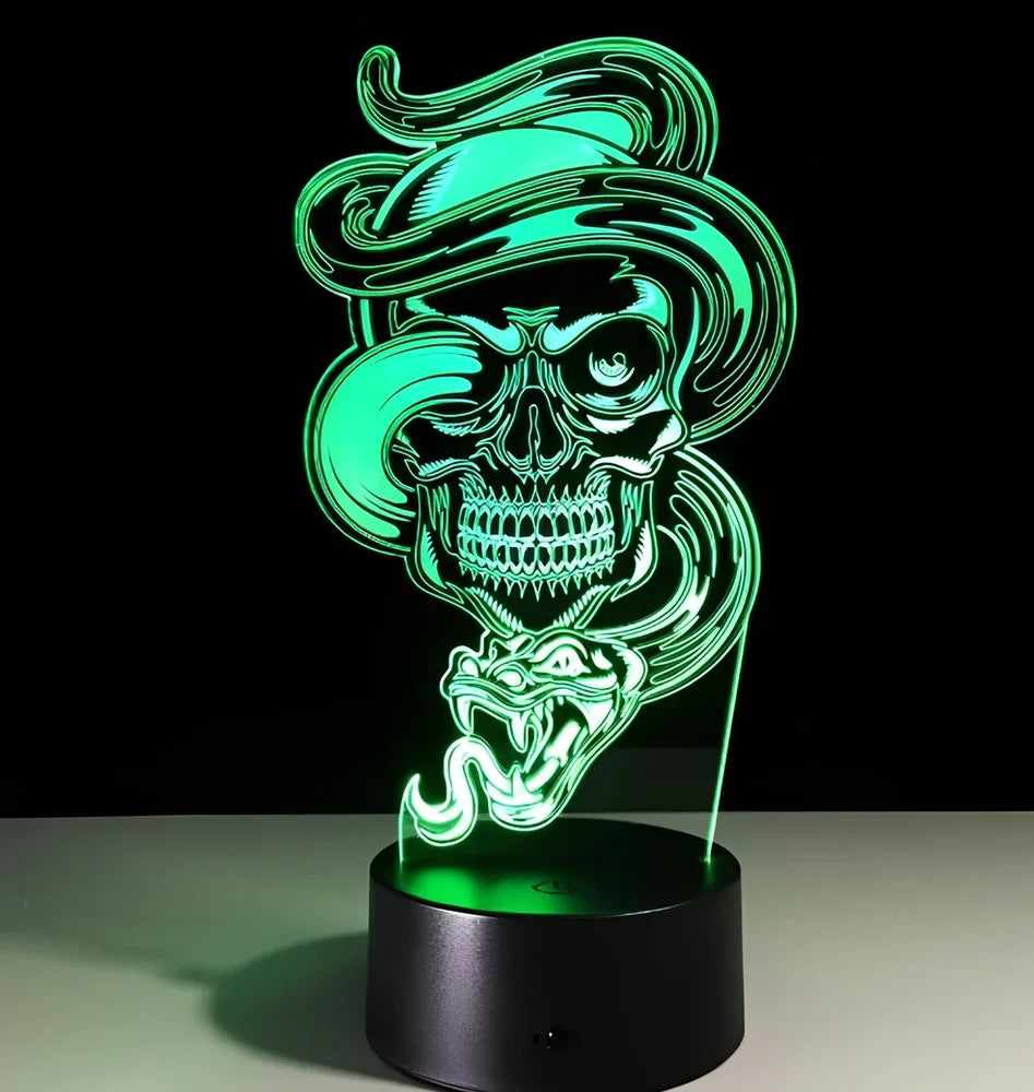3D holographic skull LED night light with colour-changing options on black ABS base
