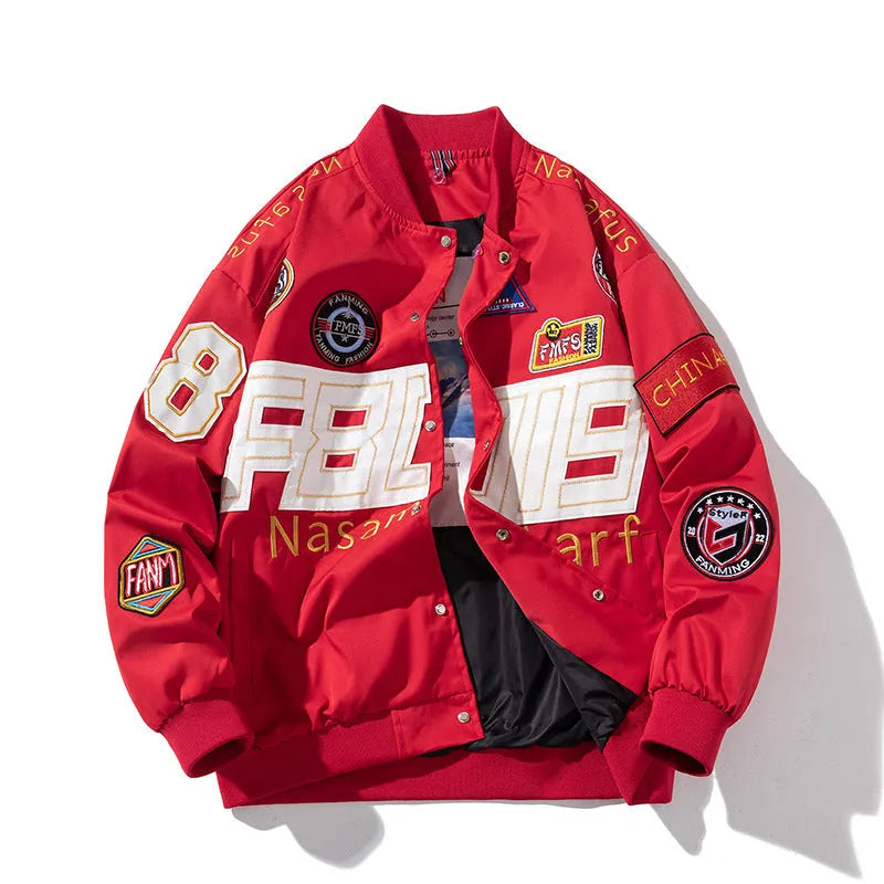American motorcycle baseball uniform jacket with removable hood and side seam pockets in black colour