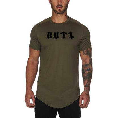 Mens plain gym shirt in cotton spandex blend, available in multiple colours and sizes with optional letter print