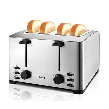 Silver grey 4-slice toaster with stainless steel body and baking rack on kitchen counter
