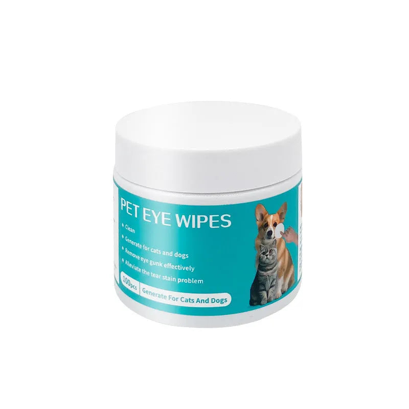 Can of 100 disposable pet eye cleaning wipes with aloe vera and chamomile extract on a blue background.