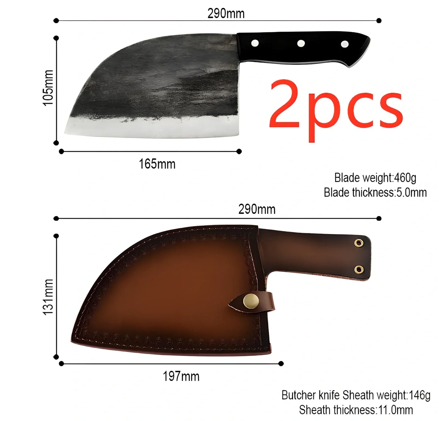 Hand-forged chopping knife with 17cm stainless steel blade and wooden handle