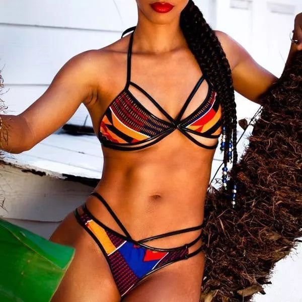 Maroon multi-colored bikini set with African traditional print patterns