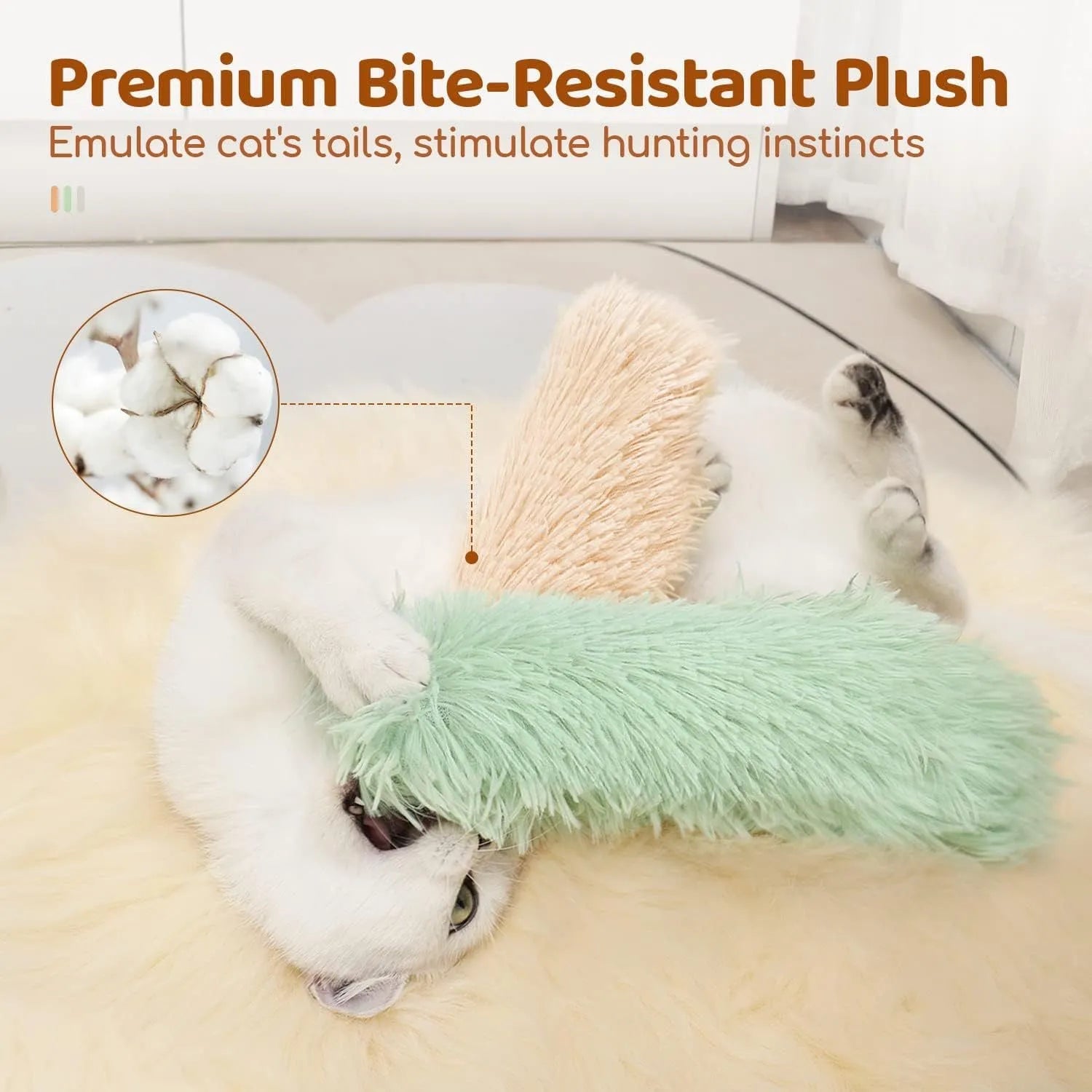 Plush cat toy pillow in blue, green, pink, and white colours measuring 27 by 10 centimetres