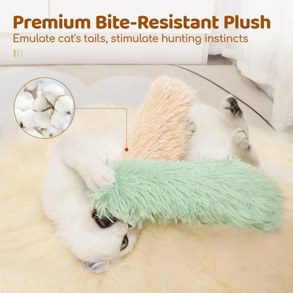Plush cat toy pillow in blue, green, pink, and white colours measuring 27 by 10 centimetres