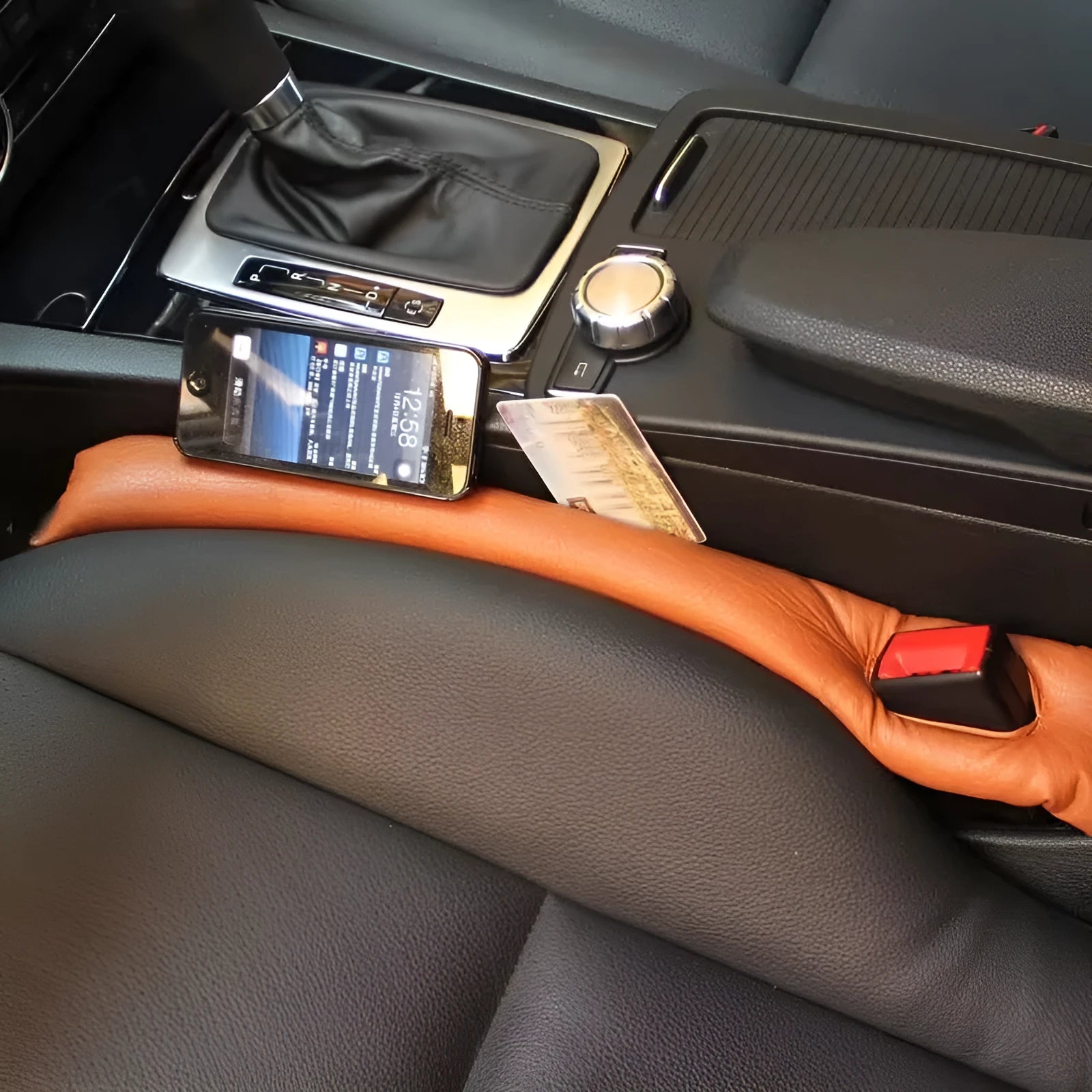 PU leather car seat gap strip in black colour showing adhesive backing and flexible construction