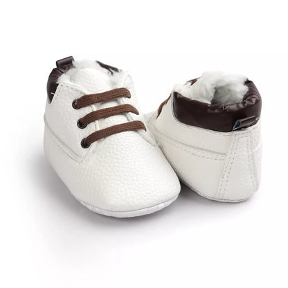 Winter baby boys suede leather sneakers with anti-slip soles in gray, blue, brown, white, and dark brown