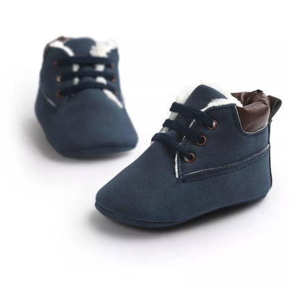 Winter baby boys suede leather sneakers with anti-slip soles in gray, blue, brown, white, and dark brown