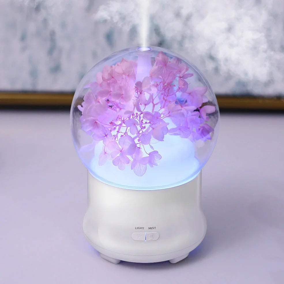 Blue hydrangea aromatherapy diffuser measuring 12x12x16.8cm with water reservoir and control buttons