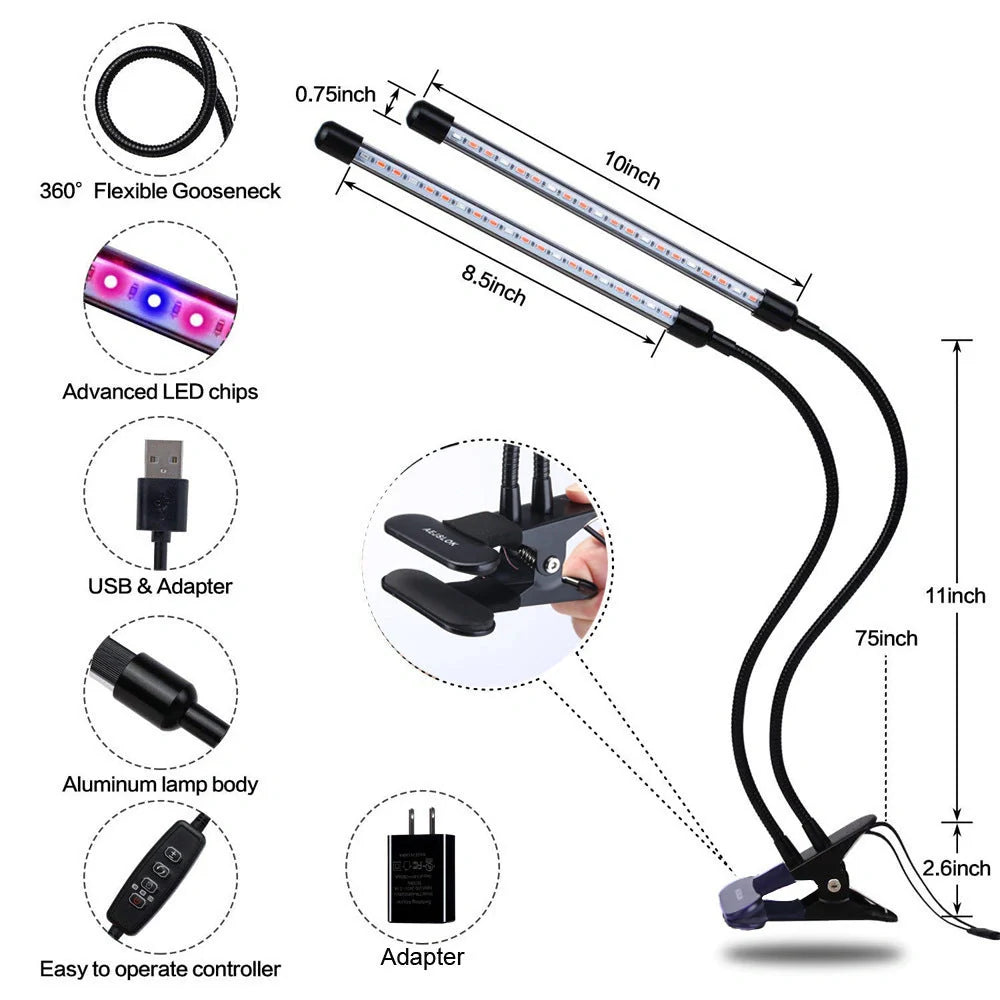 Adjustable USB plant growth light with timer for indoor gardening