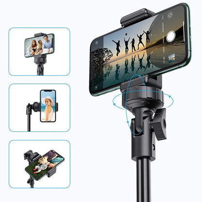 Black aluminium selfie stick tripod with telescopic sections extended