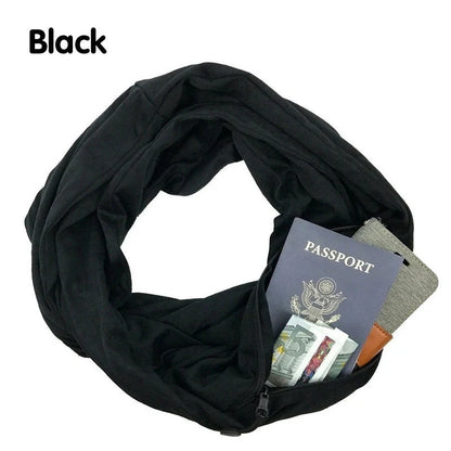 Versatile zipper infinity scarf with hidden pocket, made of soft polyester fabric in classic colors like black, gray, and white.