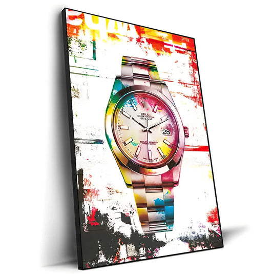 Spray-painted watch graffiti canvas art on oil painting cloth with white border